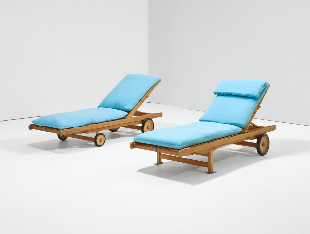Sonnenliege 2er-Set aus Massivholz 200 x 65 x 88 cm - Natur und Hellblau - verstellbare Rückenlehnen mit Rollen