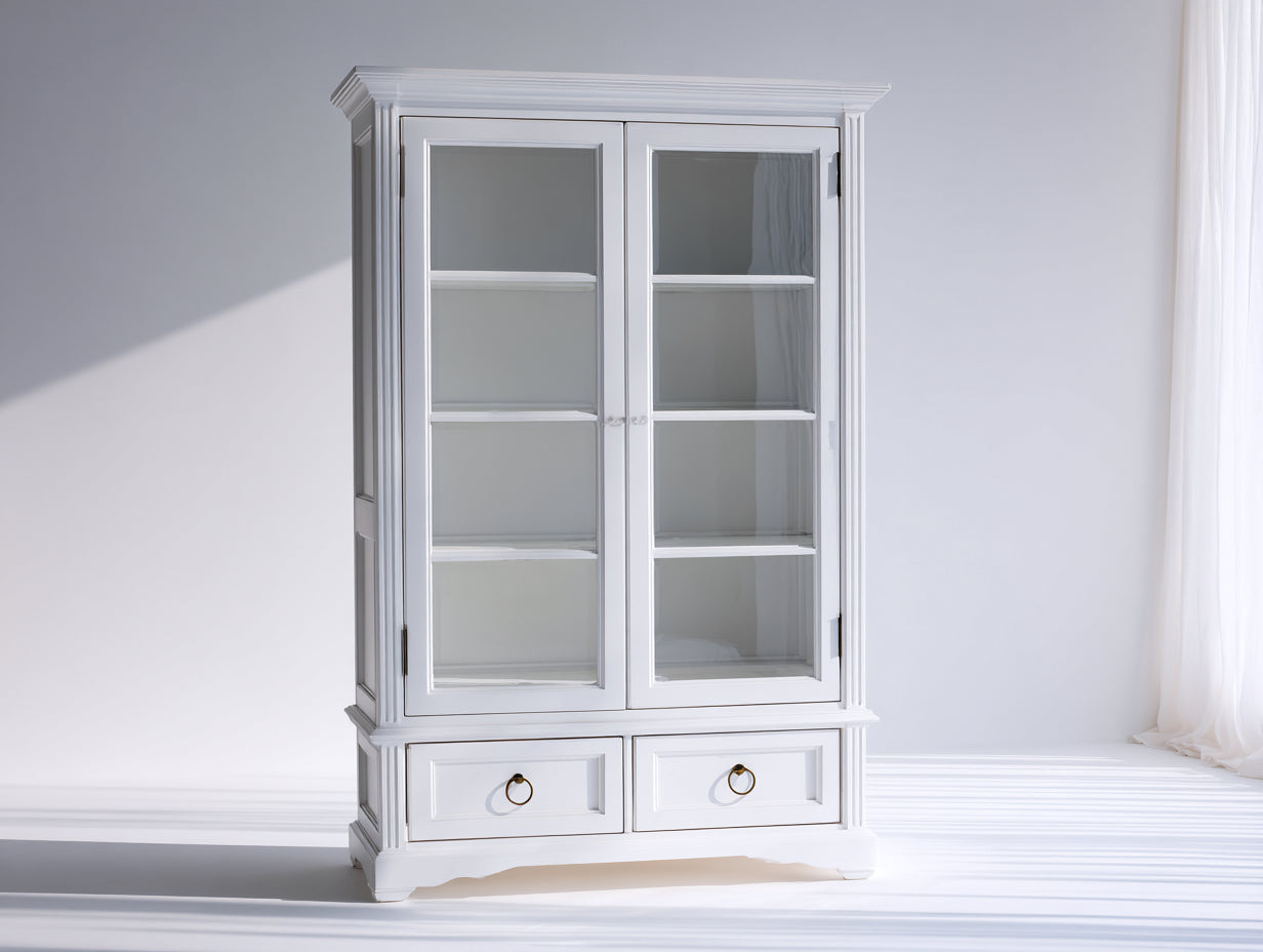 Vitrinen - Holzwerkstoff und Glas 115 x 43 x 195 cm - Weiß - Für Küche und Esszimmer - Klassisches Design mit 2 Glastüren und 2 Schubladen