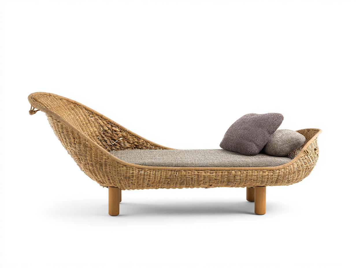 Sonnenliege Rattangeflecht Holz 200x75x72 cm - Naturbraun-Grau - geschwungen mit Liegeauflage