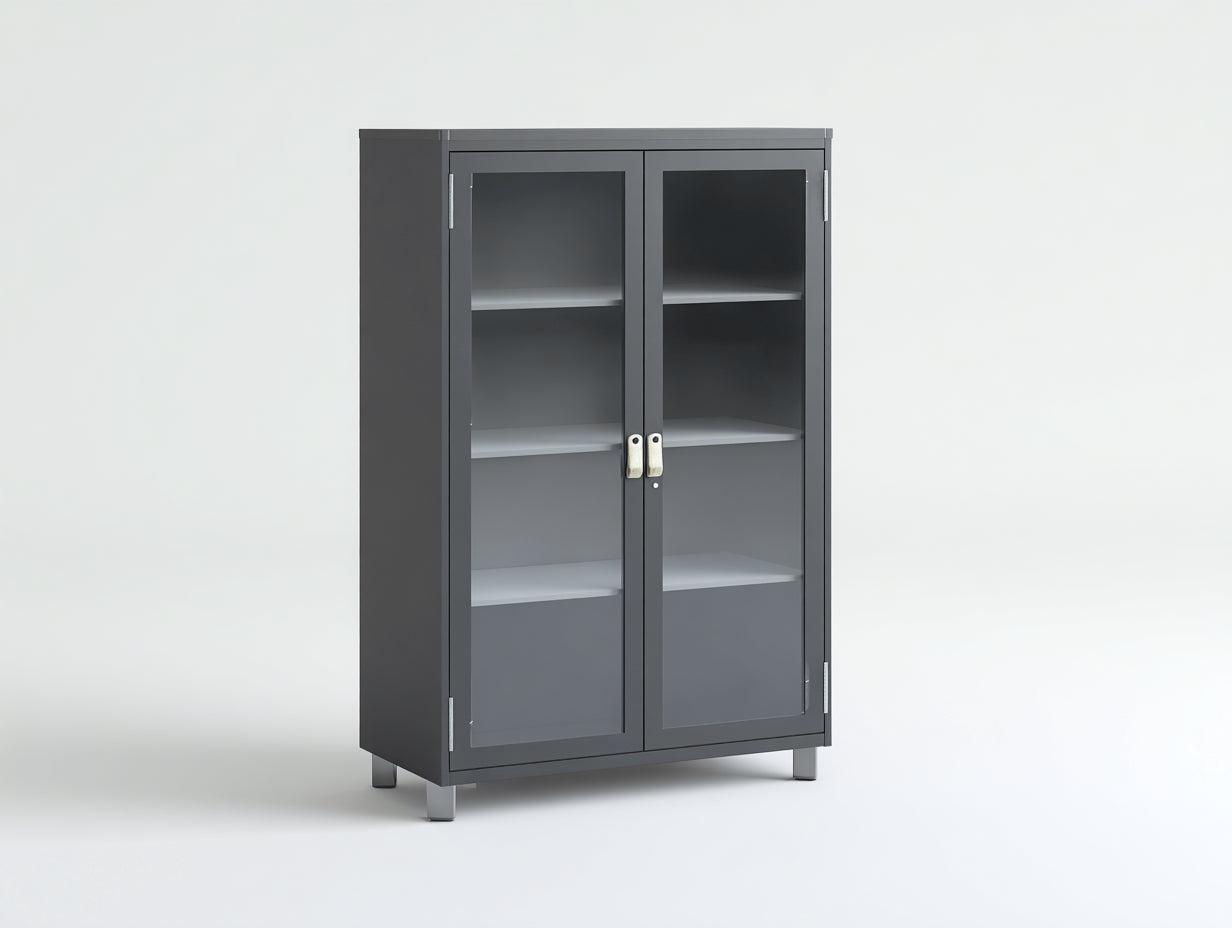 Vitrinen - Metall und Glas 100 x 40 x 170 cm - Dunkelgrau - Für Küche und Esszimmer - Industriedesign mit 2 Glastüren und 3 Einlegeböden