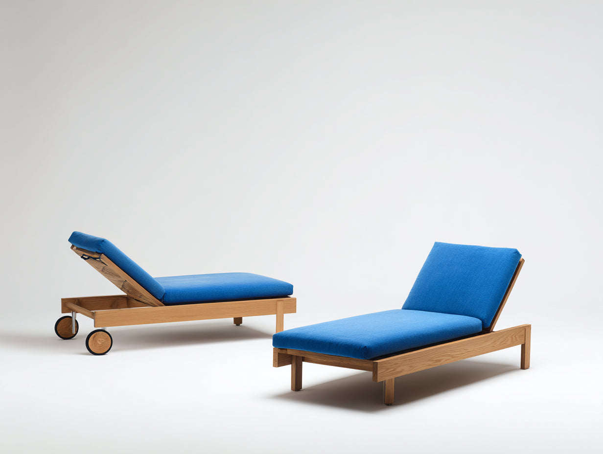 Sonnenliege 2er Set aus Holz 200 x 70 x 85 cm - Natur und Blau - Verstellbare Rückenlehne mit Rollen für den Außenbereich