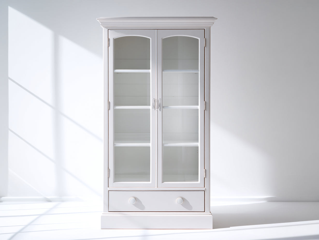 Vitrinen aus Holz und Glas 90x40x190 cm - Weiß - klassisches Design mit zwei Glastüren und einer Schublade