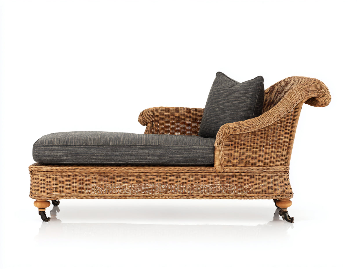 Sonnenliege mit Geflecht und Polsterauflage 175 x 75 x 92 cm - Natur und Dunkelgrau - Klassisches Design mit Rollen für geschützte Außenbereiche