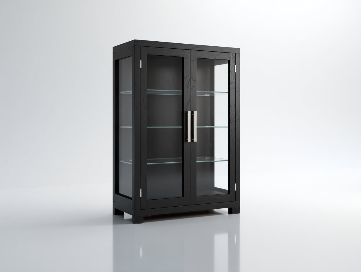 Vitrinen Holzoptik mit 2 Glastüren 105x42x160 cm - Schwarz-Silber - moderner Ausstellungsschrank für Wohnzimmer