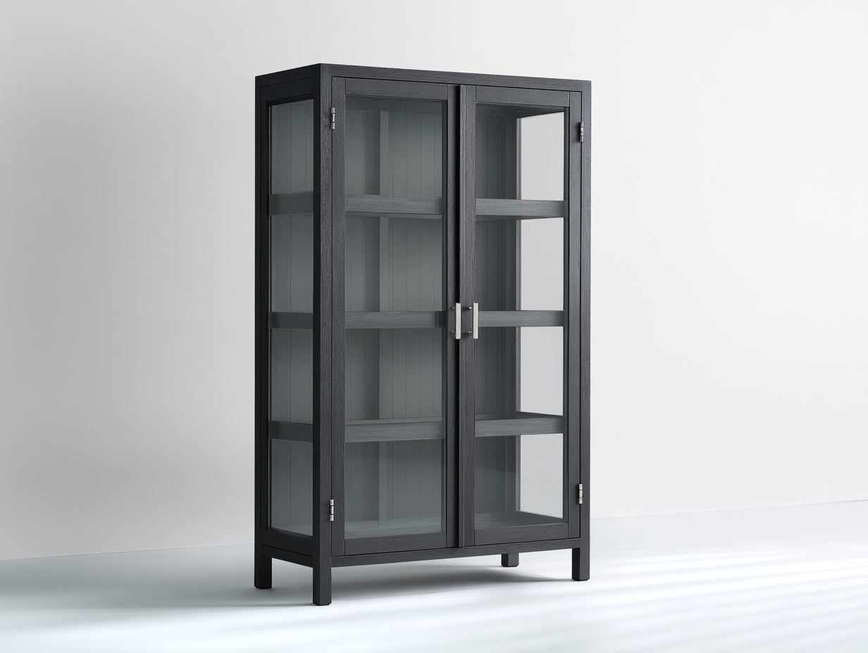 Vitrinen Schrank aus Holzwerkstoff und Glas 90x40x160 cm - schwarz - mit 2 Türen