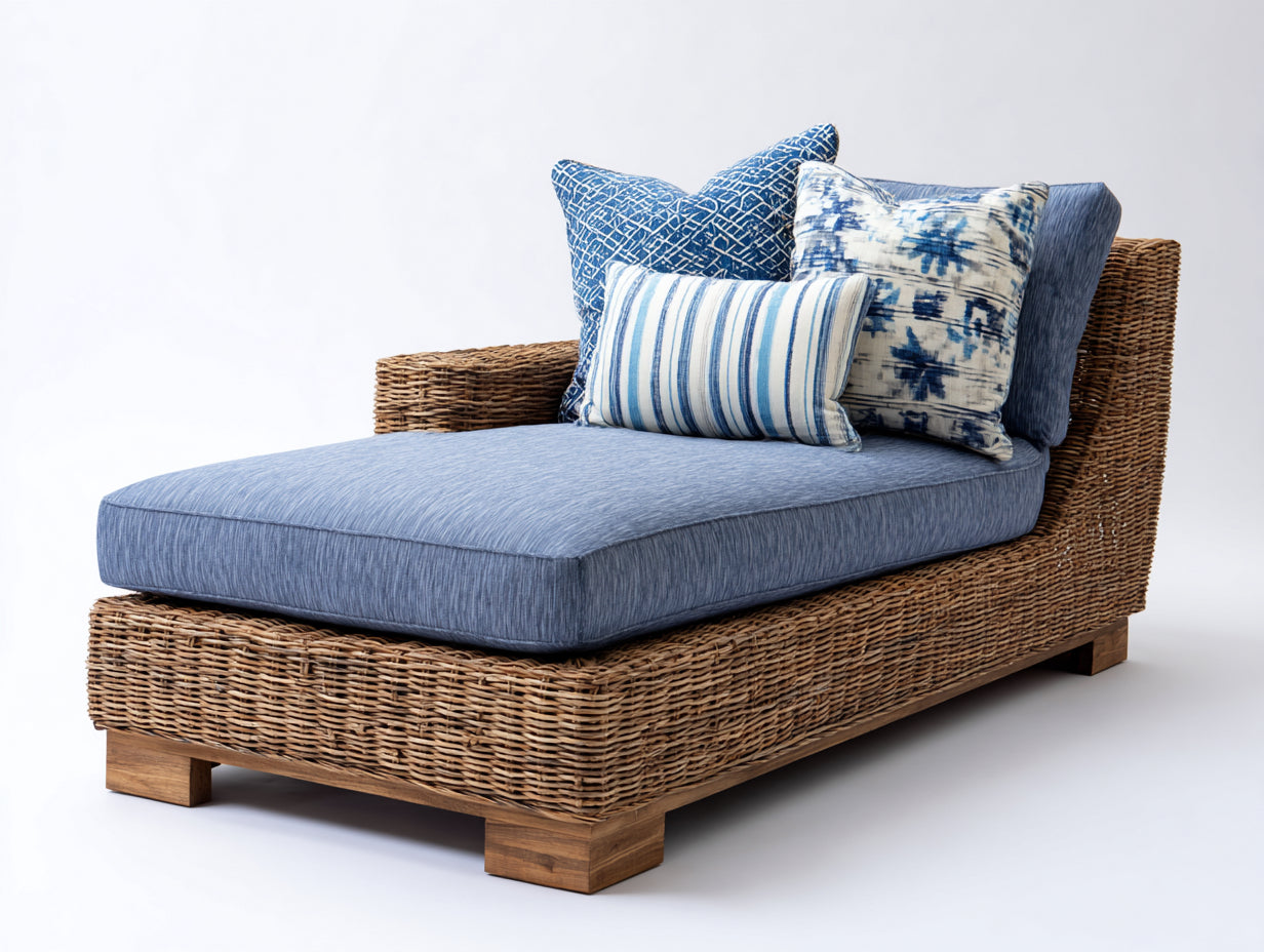 Sonnenliege Polyrattan 180x80x75 cm - Natur-Blau - Lounge Liege mit seitlichem Abschluss für Garten und Terrasse