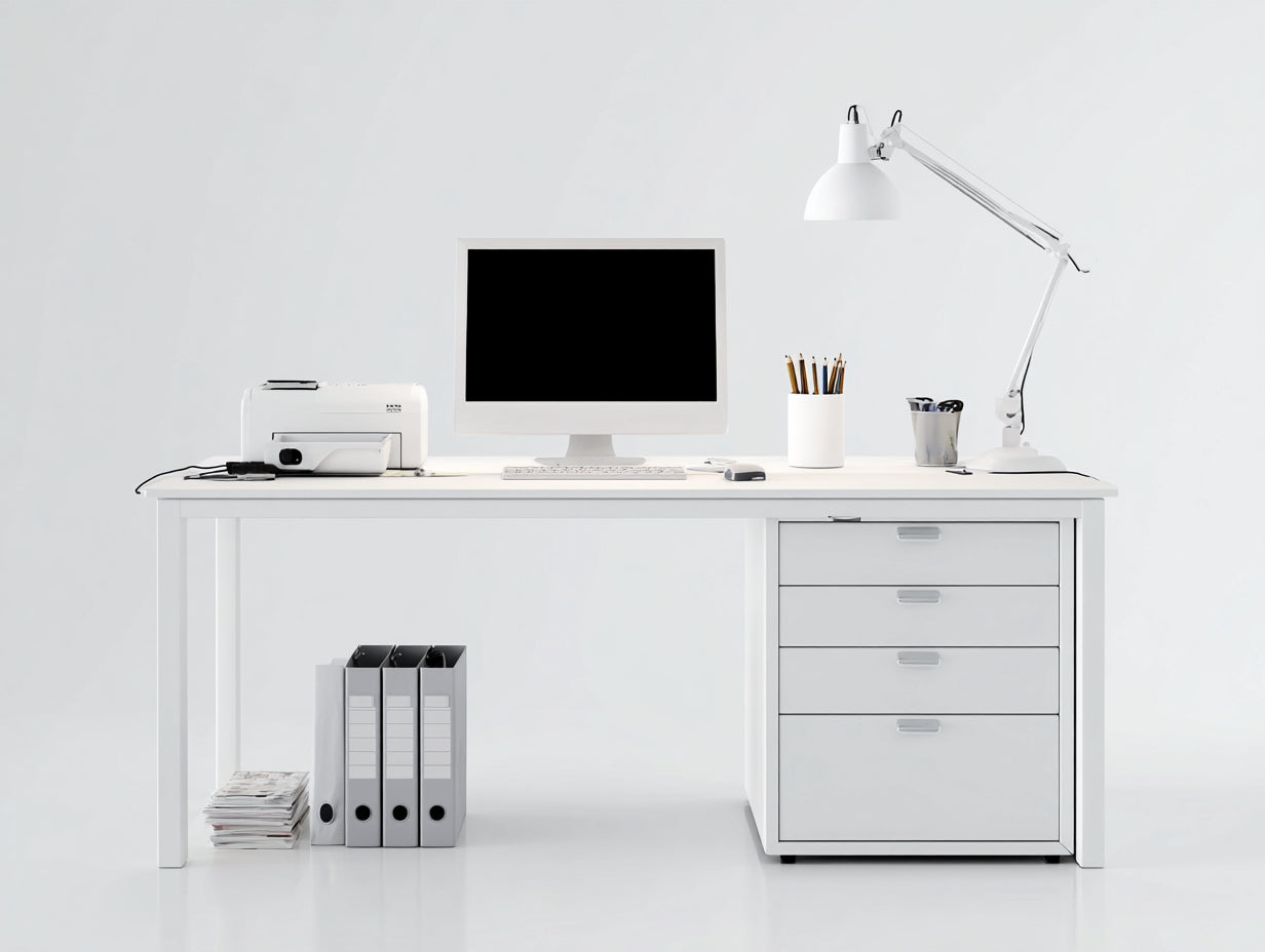 Schreibtisch - Holzwerkstoff 150 x 60 x 75 cm - Weiß - Für Büro und Arbeitszimmer - Modernes Design mit 4 Schubladen