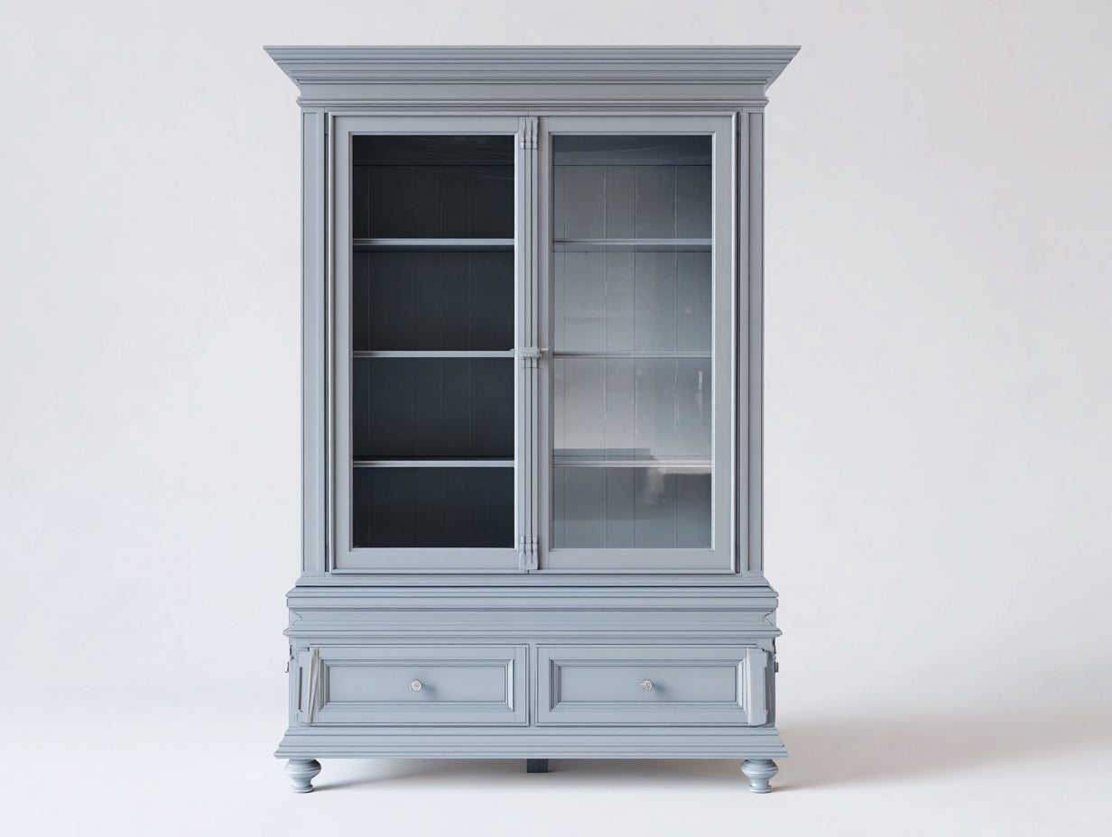 Vitrinen - Holzwerkstoff und Glas 120 x 45 x 200 cm - Hellgrau - Für Küche und Esszimmer - Klassisches Design mit 2 Glastüren und 2 Schubladen