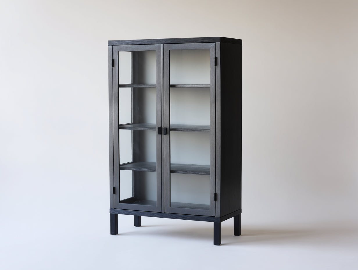 Vitrinen Holzoptik mit 2 Glastüren 110x40x180 cm - Dunkelgrau-Schwarz - Ausstellungsschrank für Wohnzimmer