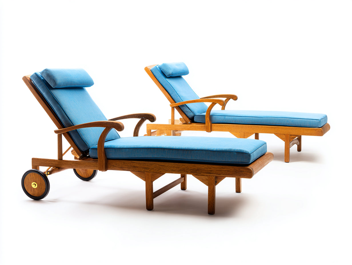 Sonnenliege Set aus Holz und Stoff 200x70x90 cm - braun-blau - mit Rollen