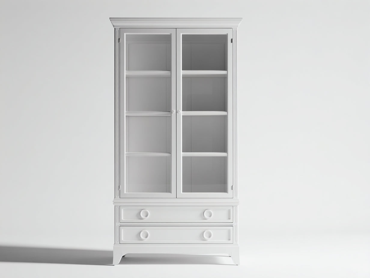 Vitrinen Holzwerkstoff Glas 105x40x185 cm - Weiß - klassisch mit zwei Glastüren und zwei Schubladen