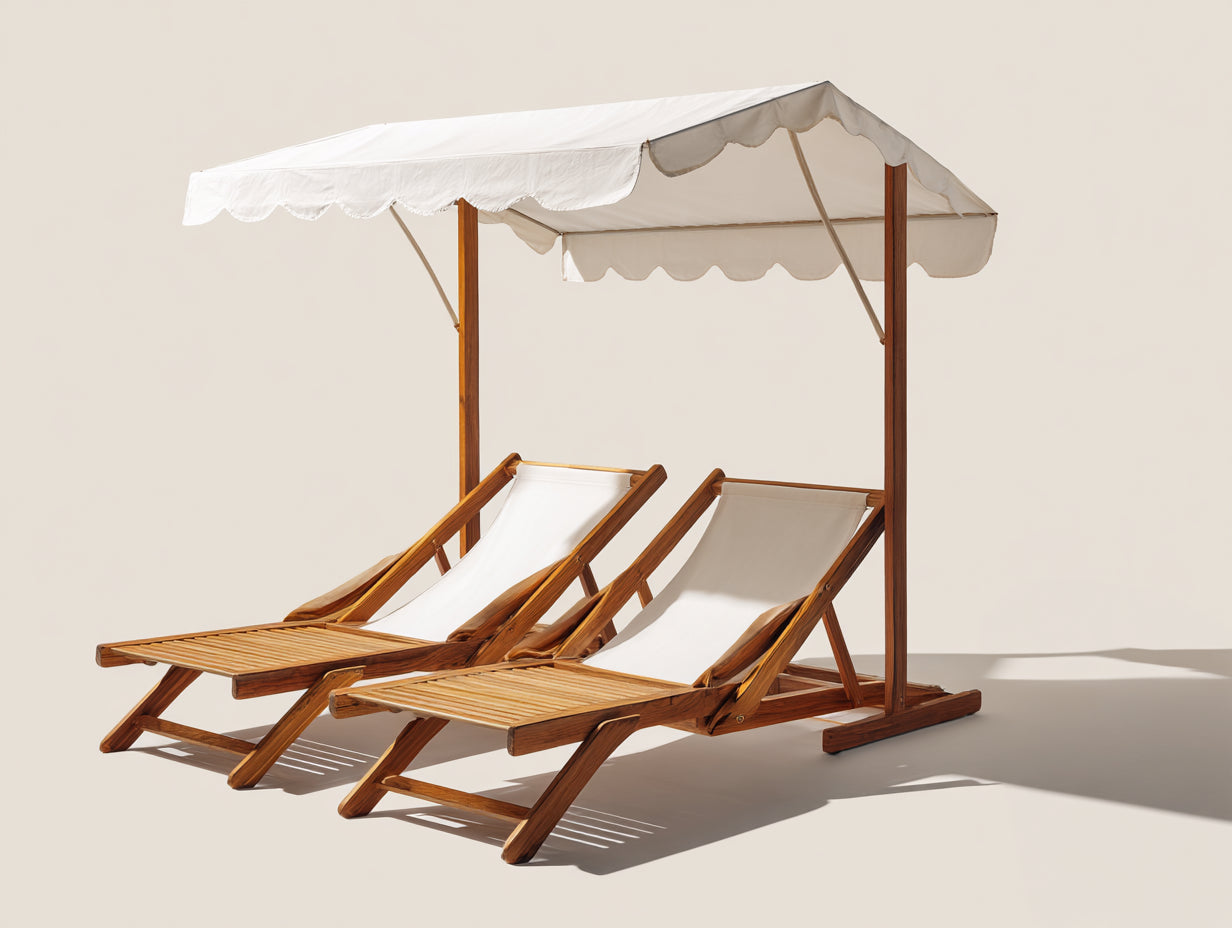 2er-Set Sonnenliegen aus Massivholz mit Sonnendach 180 x 60 x 85 cm - Natur und Weiß - verstellbare Rückenlehnen